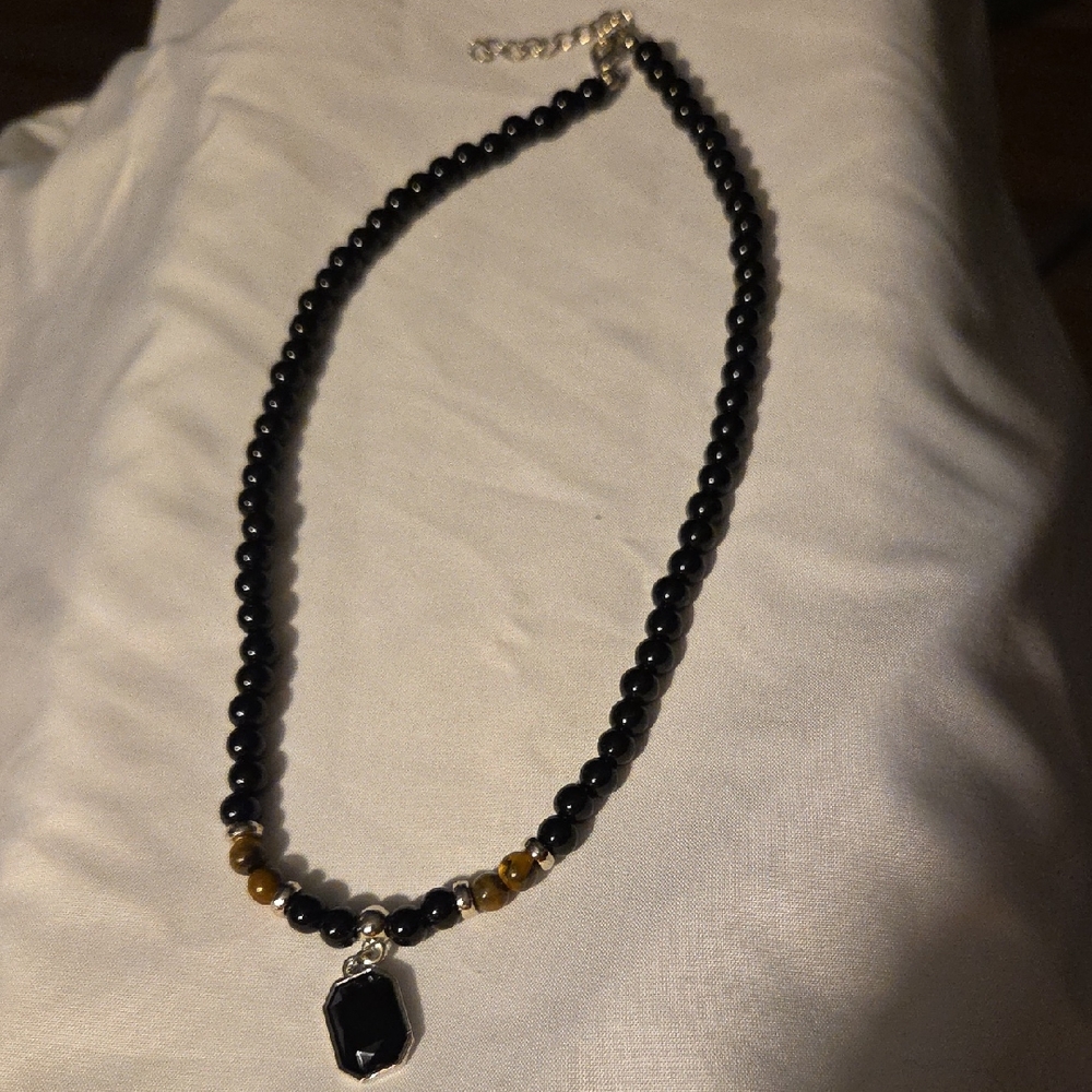 Elegant Black Beaded Necklace with Black Stone Accents